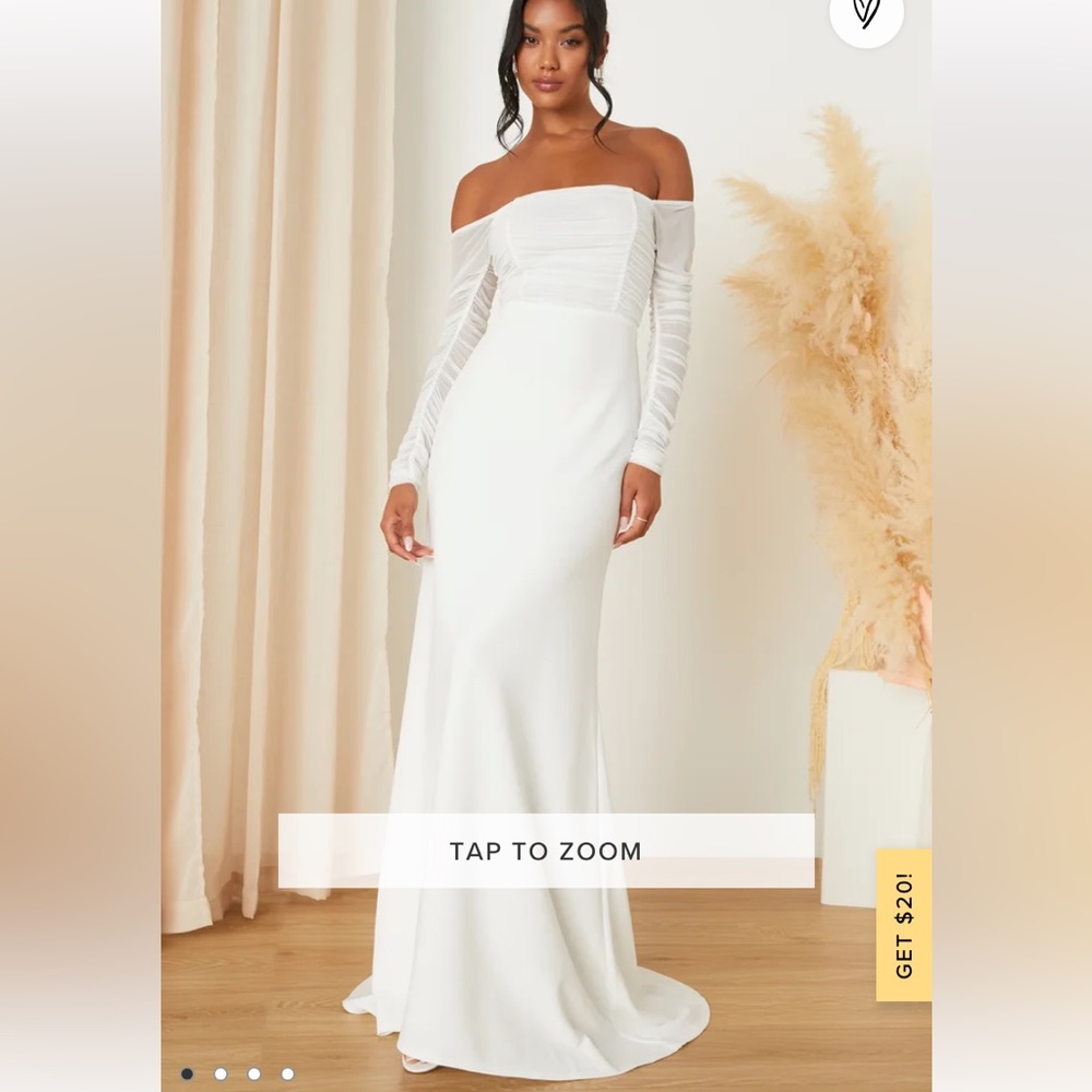 Lulus Elegant Eternity White Mesh Ruched Off-the-Shoulder Maxi Dress